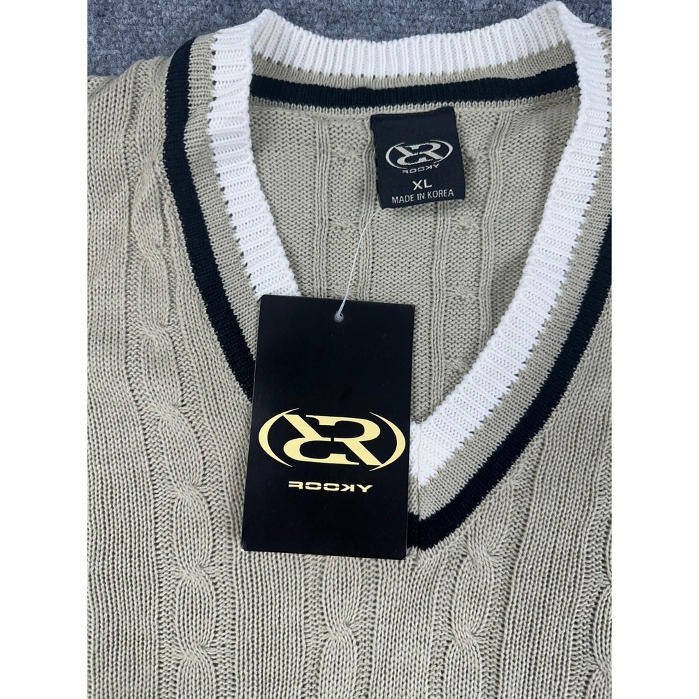 VTG Y2K‎ ROOKY Mens Tan Cable Knit V Neck Sweater XL Golf Sportswear NEW - Picture 5 of 8
